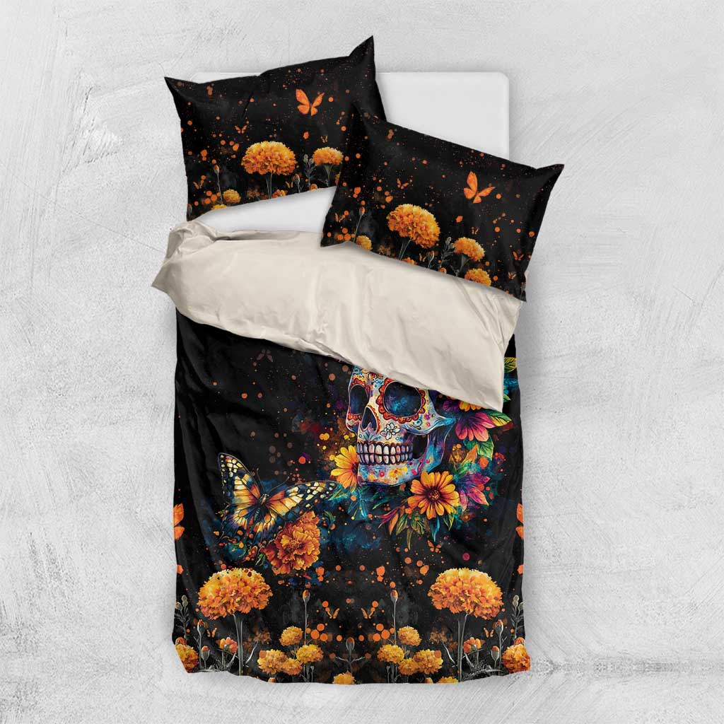Mexican La Calaca and Marigold Flowers Bedding Set Skull Day Of The Dead LT9 - Wonder Print Shop