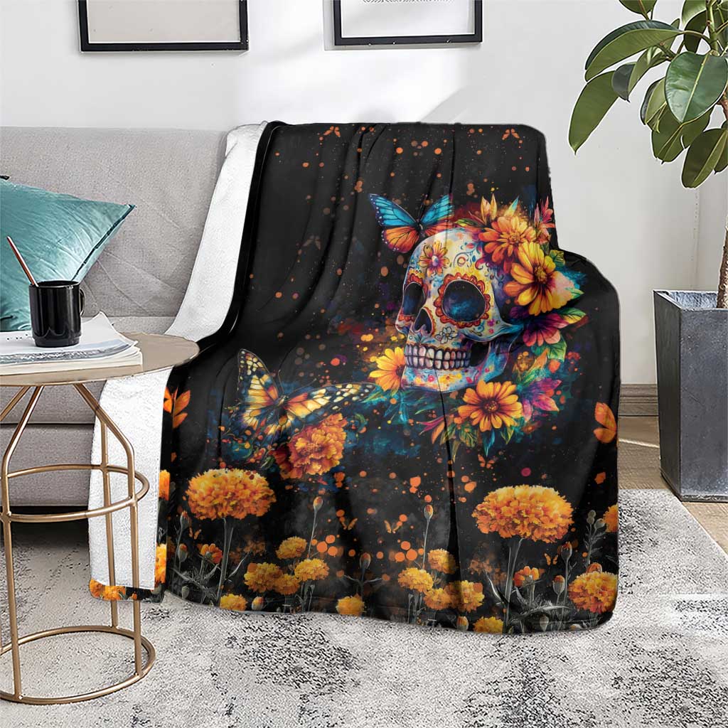 Mexican La Calaca and Marigold Flowers Blanket Skull Day Of The Dead