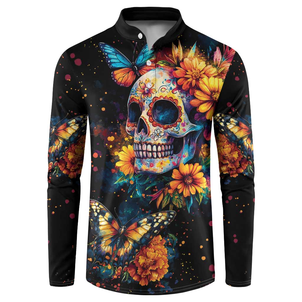 Mexican La Calaca and Marigold Flowers Button Sweatshirt Skull Day Of The Dead LT9 - Wonder Print Shop