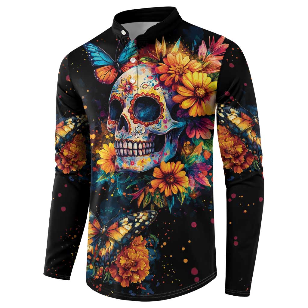 Mexican La Calaca and Marigold Flowers Button Sweatshirt Skull Day Of The Dead LT9 - Wonder Print Shop