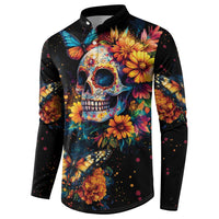 Mexican La Calaca and Marigold Flowers Button Sweatshirt Skull Day Of The Dead LT9 - Wonder Print Shop