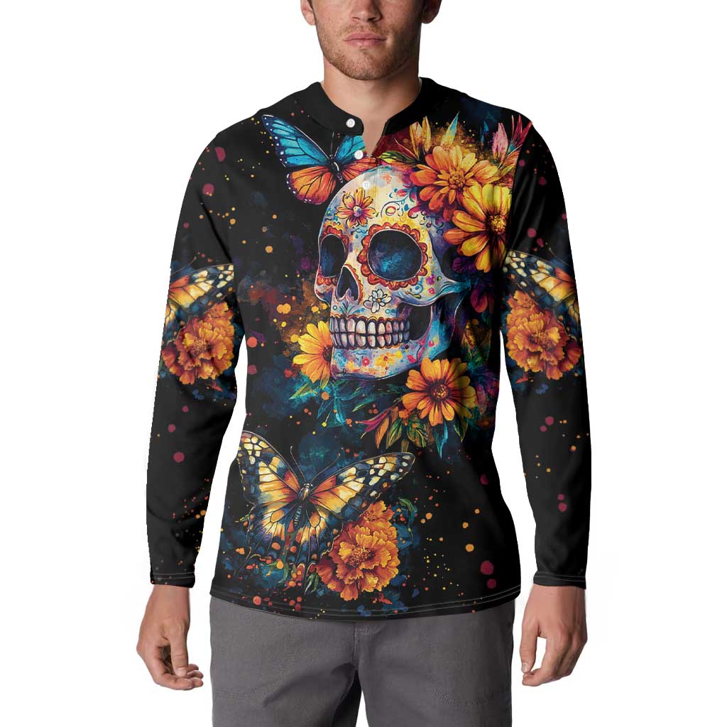 Mexican La Calaca and Marigold Flowers Button Sweatshirt Skull Day Of The Dead LT9 - Wonder Print Shop