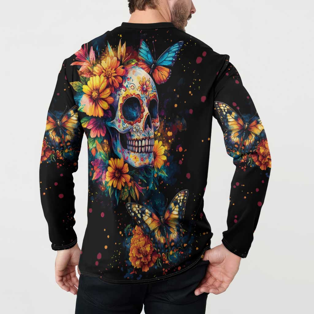 Mexican La Calaca and Marigold Flowers Button Sweatshirt Skull Day Of The Dead LT9 - Wonder Print Shop