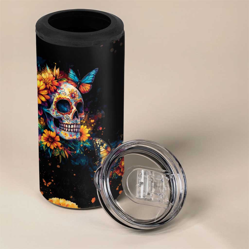 Mexican La Calaca and Marigold Flowers 4 in 1 Can Cooler Tumbler Skull Day Of The Dead LT9 - Wonder Print Shop