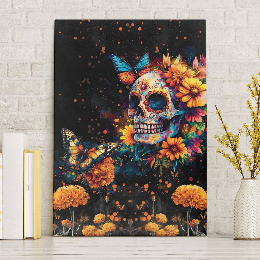 Mexican La Calaca and Marigold Flowers Canvas Wall Art Skull Day Of The Dead LT9 - Wonder Print Shop