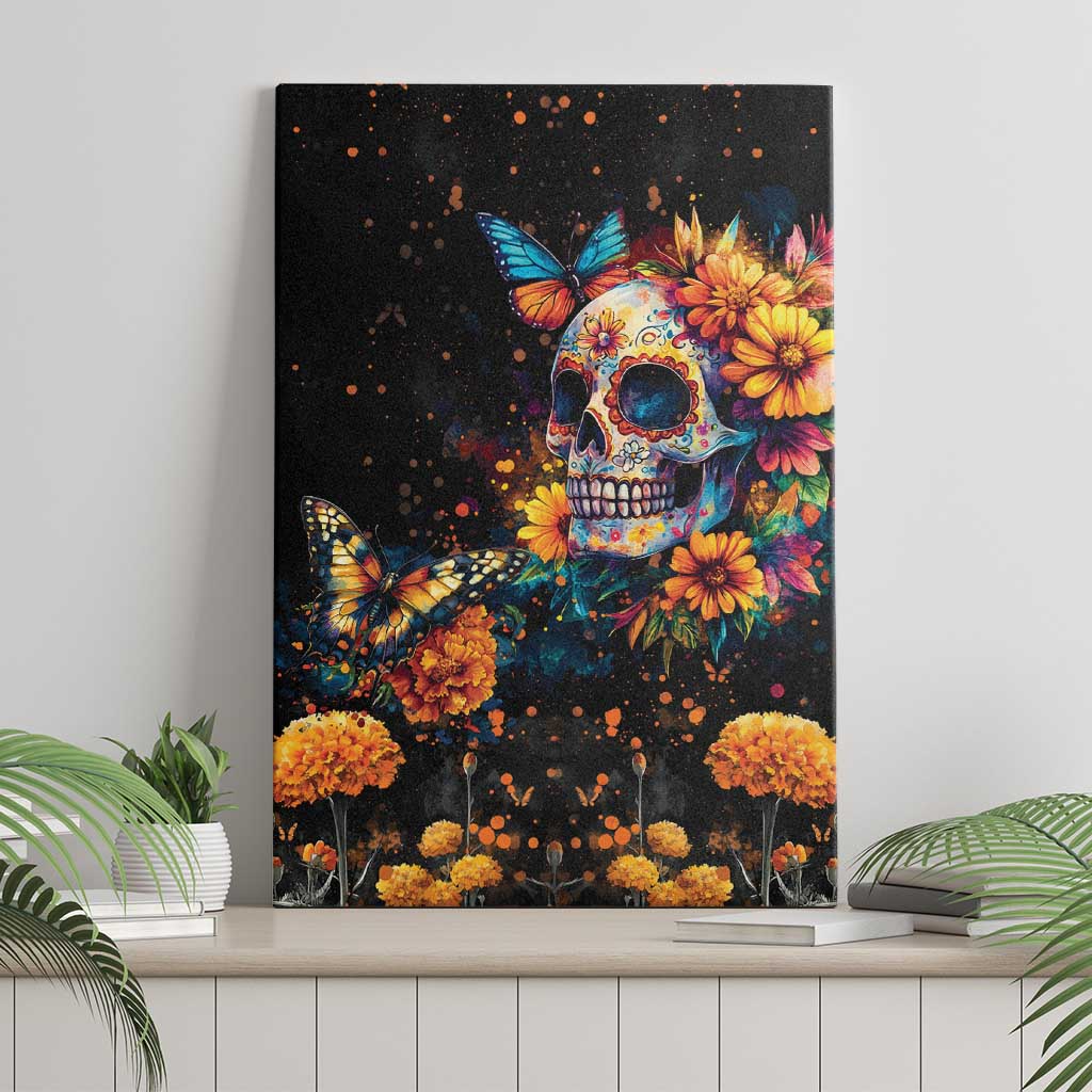 Mexican La Calaca and Marigold Flowers Canvas Wall Art Skull Day Of The Dead LT9 - Wonder Print Shop