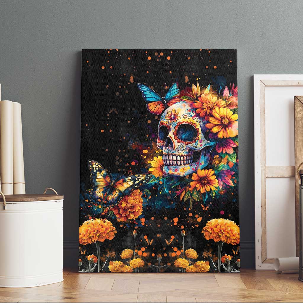 Mexican La Calaca and Marigold Flowers Canvas Wall Art Skull Day Of The Dead LT9 - Wonder Print Shop