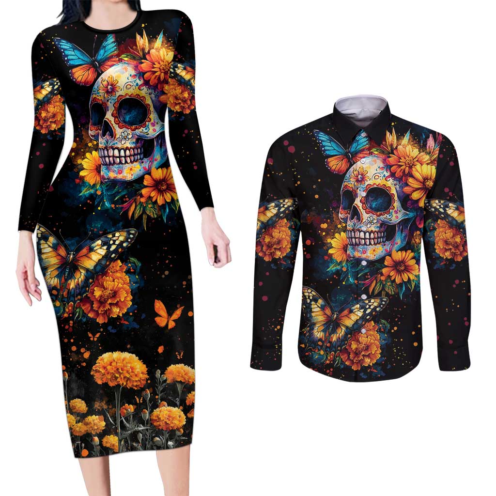 Mexican La Calaca and Marigold Flowers Couples Matching Long Sleeve Bodycon Dress and Long Sleeve Button Shirt Skull Day Of The Dead LT9 - Wonder Print Shop