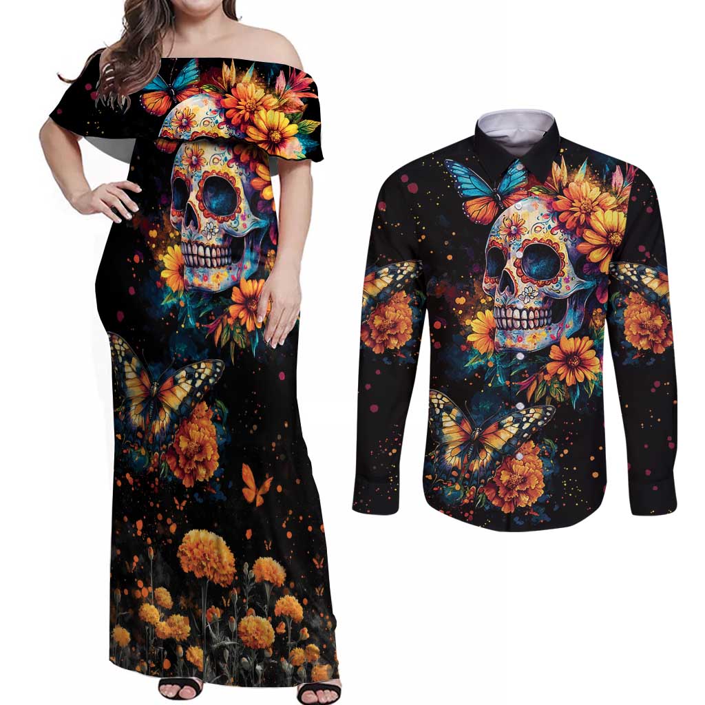 Mexican La Calaca and Marigold Flowers Couples Matching Off Shoulder Maxi Dress and Long Sleeve Button Shirt Skull Day Of The Dead LT9 - Wonder Print Shop