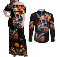 Mexican La Calaca and Marigold Flowers Couples Matching Off Shoulder Maxi Dress and Long Sleeve Button Shirt Skull Day Of The Dead LT9 - Wonder Print Shop