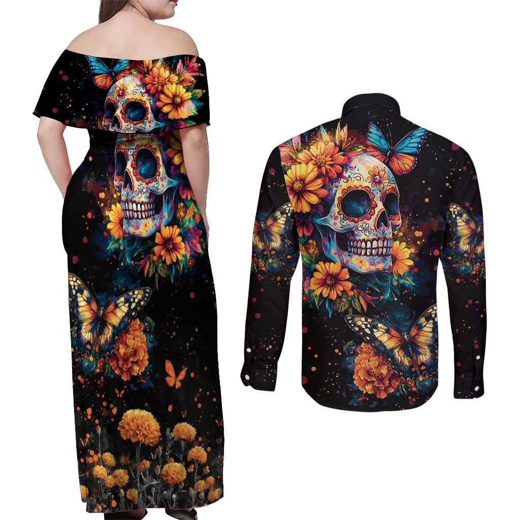Mexican La Calaca and Marigold Flowers Couples Matching Off Shoulder Maxi Dress and Long Sleeve Button Shirt Skull Day Of The Dead LT9 - Wonder Print Shop