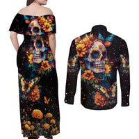 Mexican La Calaca and Marigold Flowers Couples Matching Off Shoulder Maxi Dress and Long Sleeve Button Shirt Skull Day Of The Dead LT9 - Wonder Print Shop