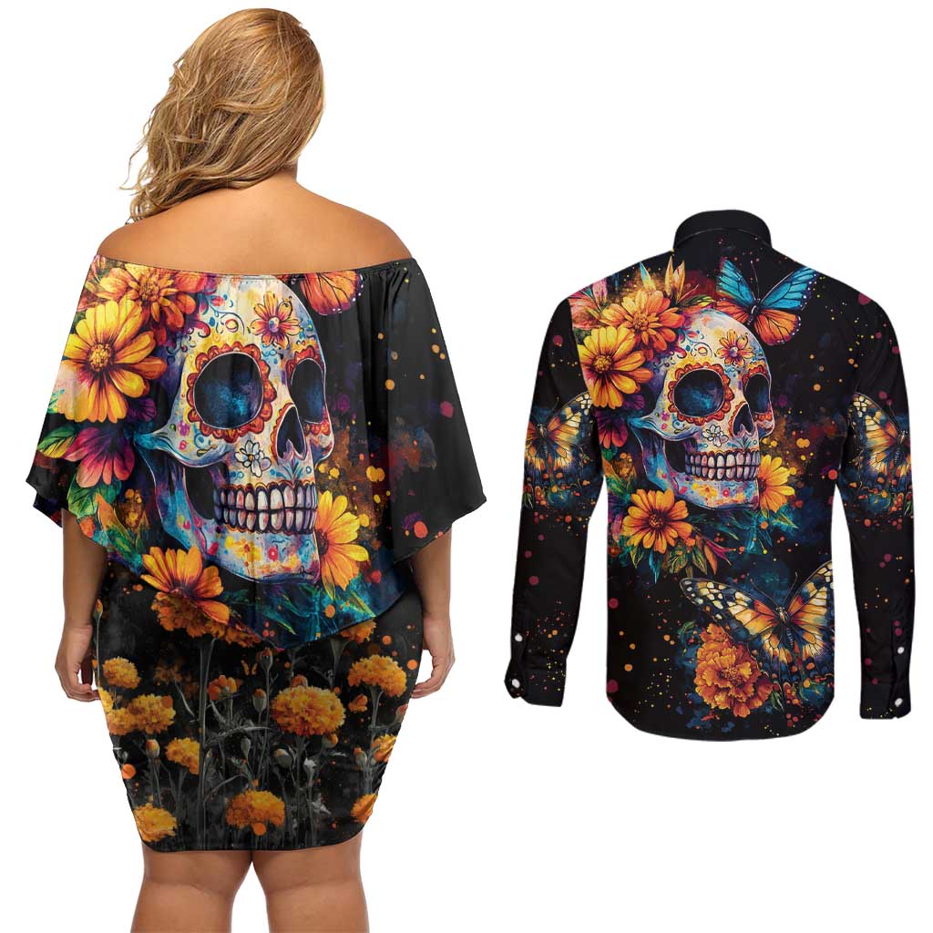 Mexican La Calaca and Marigold Flowers Couples Matching Off Shoulder Short Dress and Long Sleeve Button Shirt Skull Day Of The Dead LT9 - Wonder Print Shop