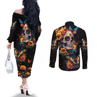 Mexican La Calaca and Marigold Flowers Couples Matching Off The Shoulder Long Sleeve Dress and Long Sleeve Button Shirt Skull Day Of The Dead