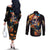 Mexican La Calaca and Marigold Flowers Couples Matching Off The Shoulder Long Sleeve Dress and Long Sleeve Button Shirt Skull Day Of The Dead