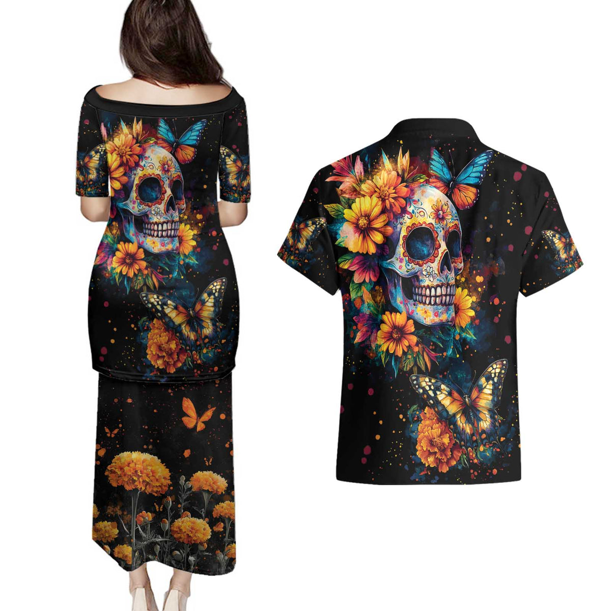 Mexican La Calaca and Marigold Flowers Couples Matching Puletasi and Hawaiian Shirt Skull Day Of The Dead LT9 - Wonder Print Shop