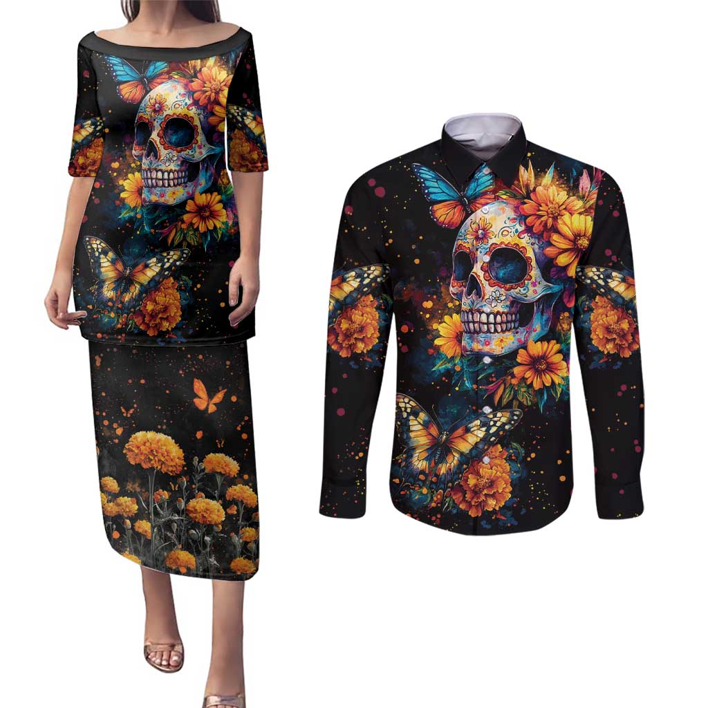 Mexican La Calaca and Marigold Flowers Couples Matching Puletasi and Long Sleeve Button Shirt Skull Day Of The Dead LT9 - Wonder Print Shop