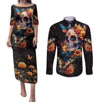 Mexican La Calaca and Marigold Flowers Couples Matching Puletasi and Long Sleeve Button Shirt Skull Day Of The Dead LT9 - Wonder Print Shop