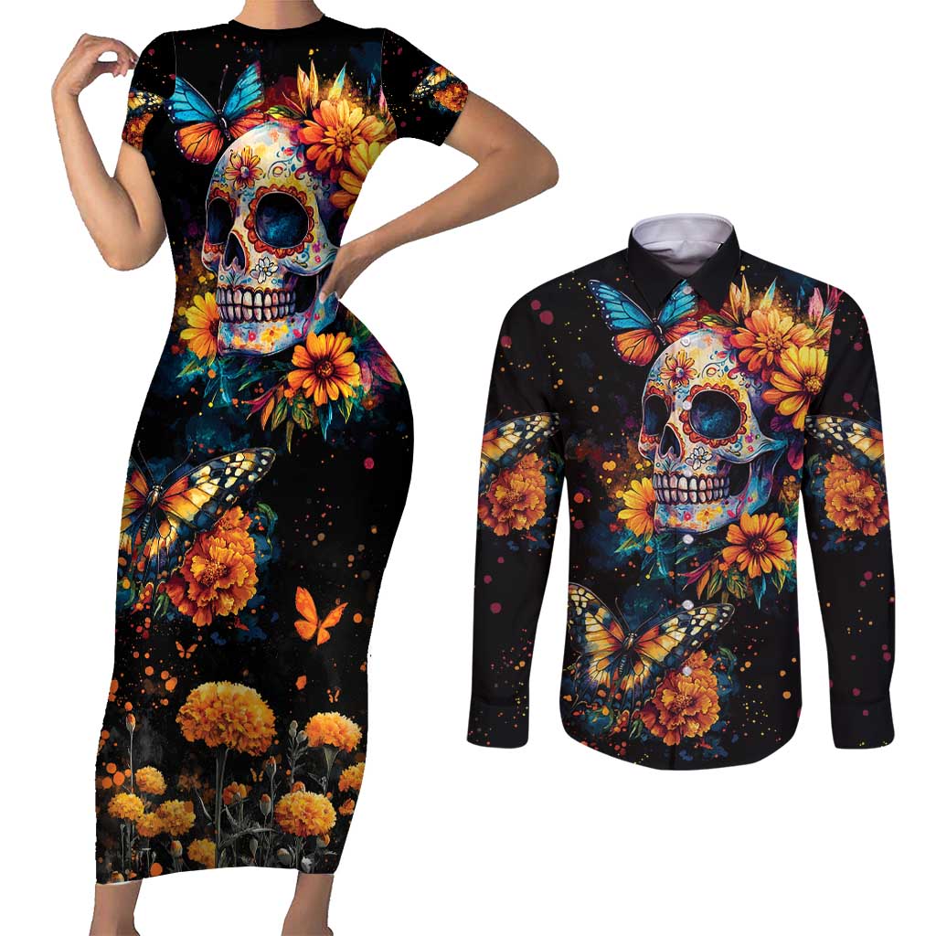 Mexican La Calaca and Marigold Flowers Couples Matching Short Sleeve Bodycon Dress and Long Sleeve Button Shirt Skull Day Of The Dead LT9 - Wonder Print Shop