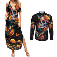 Mexican La Calaca and Marigold Flowers Couples Matching Summer Maxi Dress and Long Sleeve Button Shirt Skull Day Of The Dead LT9 - Wonder Print Shop