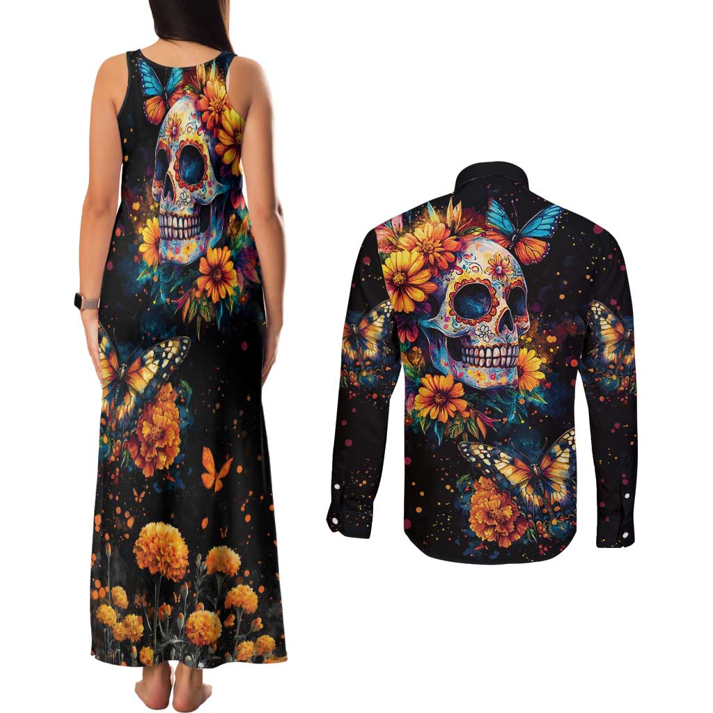 Mexican La Calaca and Marigold Flowers Couples Matching Tank Maxi Dress and Long Sleeve Button Shirt Skull Day Of The Dead LT9 - Wonder Print Shop