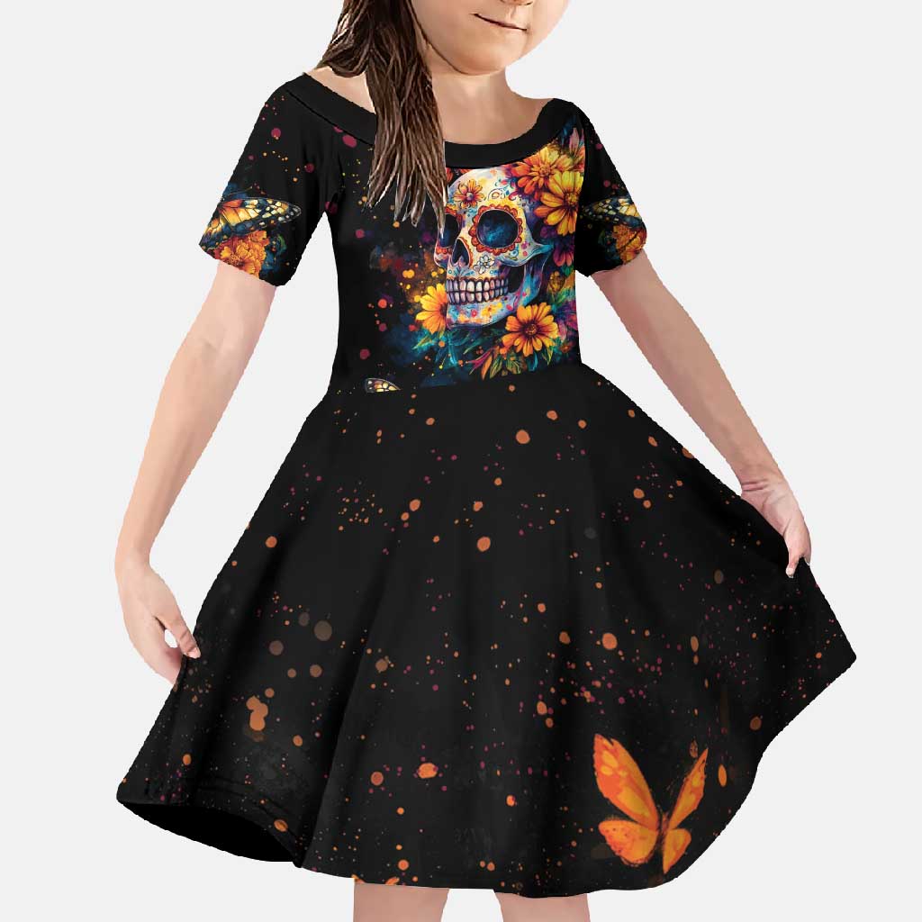 Mexican La Calaca and Marigold Flowers Family Matching Long Sleeve Bodycon Dress and Hawaiian Shirt Skull Day Of The Dead LT9 - Wonder Print Shop