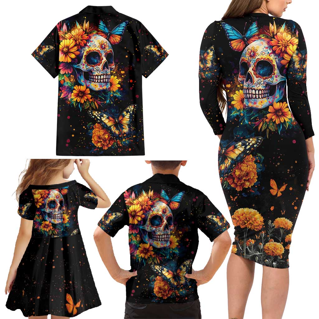 Mexican La Calaca and Marigold Flowers Family Matching Long Sleeve Bodycon Dress and Hawaiian Shirt Skull Day Of The Dead LT9 - Wonder Print Shop