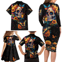 Mexican La Calaca and Marigold Flowers Family Matching Long Sleeve Bodycon Dress and Hawaiian Shirt Skull Day Of The Dead LT9 - Wonder Print Shop