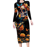 Mexican La Calaca and Marigold Flowers Family Matching Long Sleeve Bodycon Dress and Hawaiian Shirt Skull Day Of The Dead LT9 - Wonder Print Shop