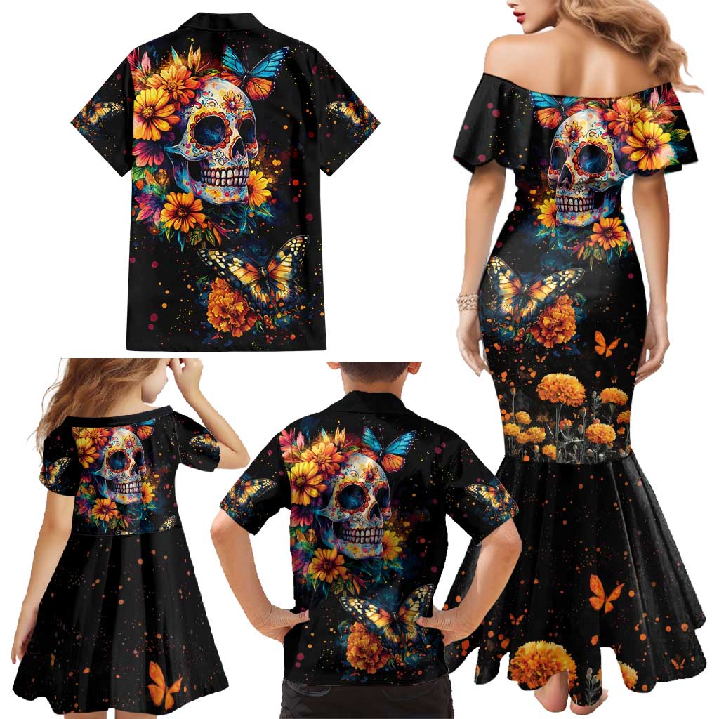 Mexican La Calaca and Marigold Flowers Family Matching Mermaid Dress and Hawaiian Shirt Skull Day Of The Dead LT9 - Wonder Print Shop