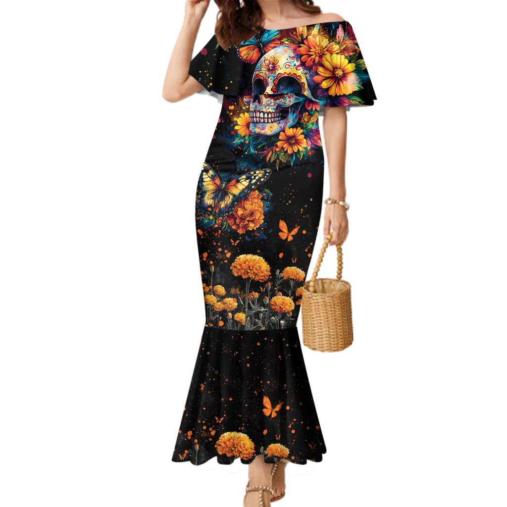 Mexican La Calaca and Marigold Flowers Family Matching Mermaid Dress and Hawaiian Shirt Skull Day Of The Dead LT9 - Wonder Print Shop