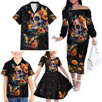 Mexican La Calaca and Marigold Flowers Family Matching Off The Shoulder Long Sleeve Dress and Hawaiian Shirt Skull Day Of The Dead - Wonder Print Shop