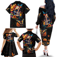 Mexican La Calaca and Marigold Flowers Family Matching Off The Shoulder Long Sleeve Dress and Hawaiian Shirt Skull Day Of The Dead - Wonder Print Shop