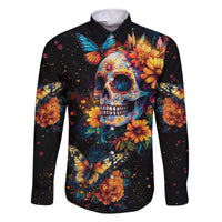 Mexican La Calaca and Marigold Flowers Family Matching Off The Shoulder Long Sleeve Dress and Hawaiian Shirt Skull Day Of The Dead - Wonder Print Shop