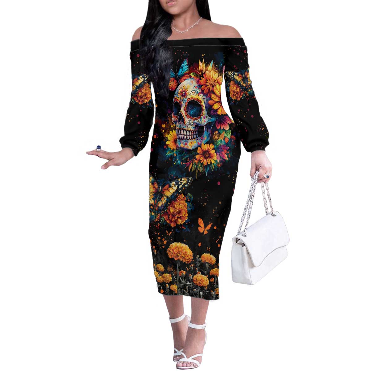 Mexican La Calaca and Marigold Flowers Family Matching Off The Shoulder Long Sleeve Dress and Hawaiian Shirt Skull Day Of The Dead - Wonder Print Shop