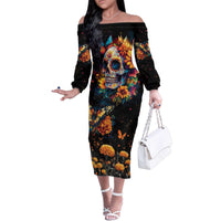 Mexican La Calaca and Marigold Flowers Family Matching Off The Shoulder Long Sleeve Dress and Hawaiian Shirt Skull Day Of The Dead - Wonder Print Shop