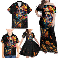 Mexican La Calaca and Marigold Flowers Family Matching Off Shoulder Maxi Dress and Hawaiian Shirt Skull Day Of The Dead LT9 - Wonder Print Shop