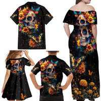 Mexican La Calaca and Marigold Flowers Family Matching Off Shoulder Maxi Dress and Hawaiian Shirt Skull Day Of The Dead LT9 - Wonder Print Shop