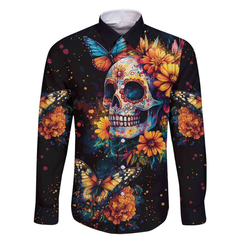 Mexican La Calaca and Marigold Flowers Family Matching Off Shoulder Maxi Dress and Hawaiian Shirt Skull Day Of The Dead LT9 - Wonder Print Shop