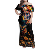 Mexican La Calaca and Marigold Flowers Family Matching Off Shoulder Maxi Dress and Hawaiian Shirt Skull Day Of The Dead LT9 - Wonder Print Shop