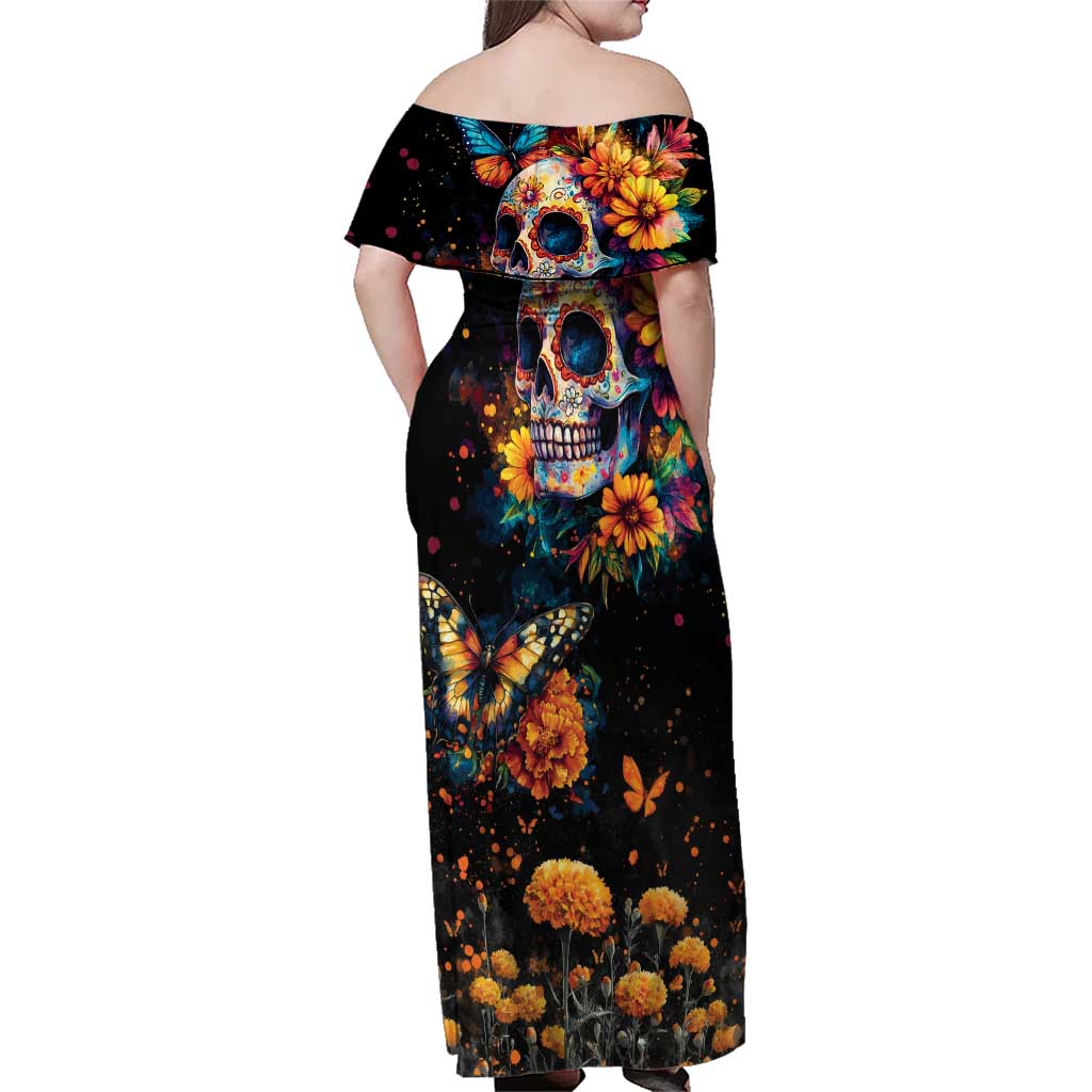 Mexican La Calaca and Marigold Flowers Family Matching Off Shoulder Maxi Dress and Hawaiian Shirt Skull Day Of The Dead LT9 - Wonder Print Shop