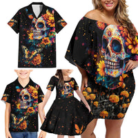 Mexican La Calaca and Marigold Flowers Family Matching Off Shoulder Short Dress and Hawaiian Shirt Skull Day Of The Dead LT9 - Wonder Print Shop