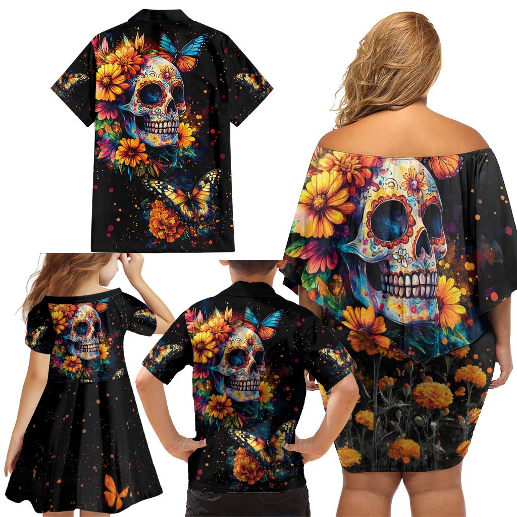 Mexican La Calaca and Marigold Flowers Family Matching Off Shoulder Short Dress and Hawaiian Shirt Skull Day Of The Dead LT9 - Wonder Print Shop