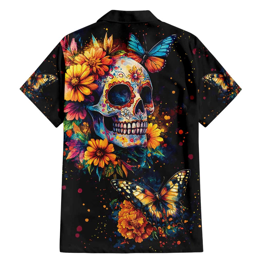 Mexican La Calaca and Marigold Flowers Family Matching Off Shoulder Short Dress and Hawaiian Shirt Skull Day Of The Dead LT9 - Wonder Print Shop