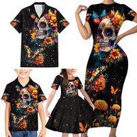 Mexican La Calaca and Marigold Flowers Family Matching Short Sleeve Bodycon Dress and Hawaiian Shirt Skull Day Of The Dead - Wonder Print Shop