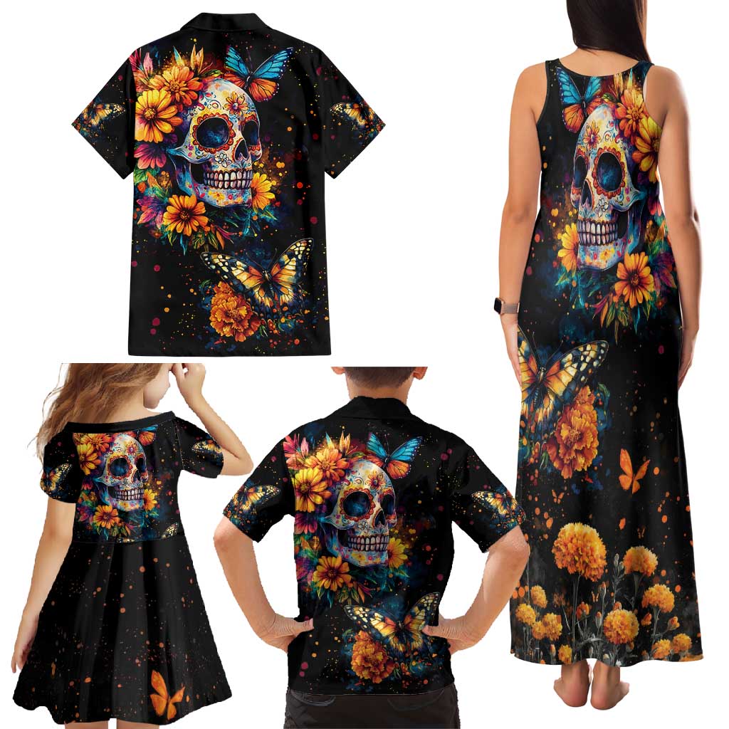Mexican La Calaca and Marigold Flowers Family Matching Tank Maxi Dress and Hawaiian Shirt Skull Day Of The Dead - Wonder Print Shop
