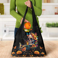 Mexican La Calaca and Marigold Flowers Grocery Bag Skull Day Of The Dead