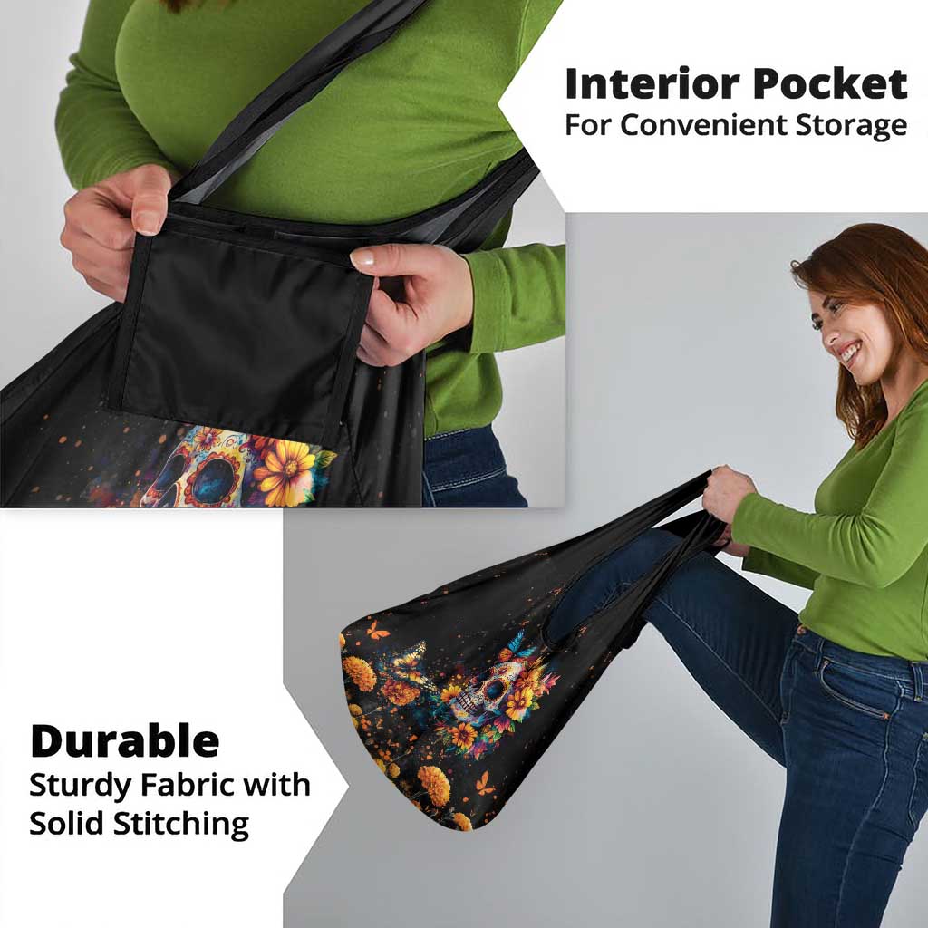 Mexican La Calaca and Marigold Flowers Grocery Bag Skull Day Of The Dead