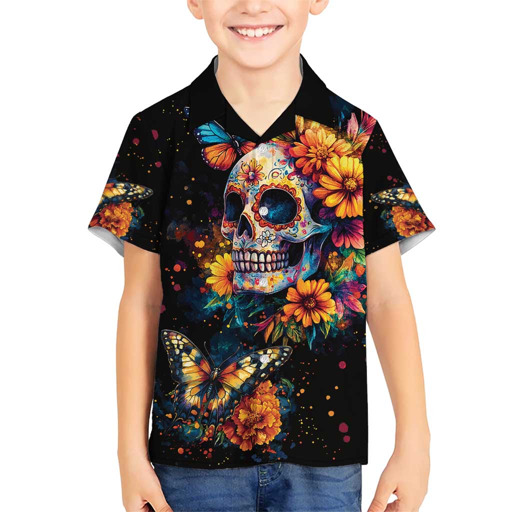 Mexican La Calaca and Marigold Flowers Kid Hawaiian Shirt Skull Day Of The Dead - Wonder Print Shop