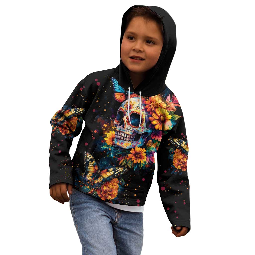 Mexican La Calaca and Marigold Flowers Kid Hoodie Skull Day Of The Dead - Wonder Print Shop